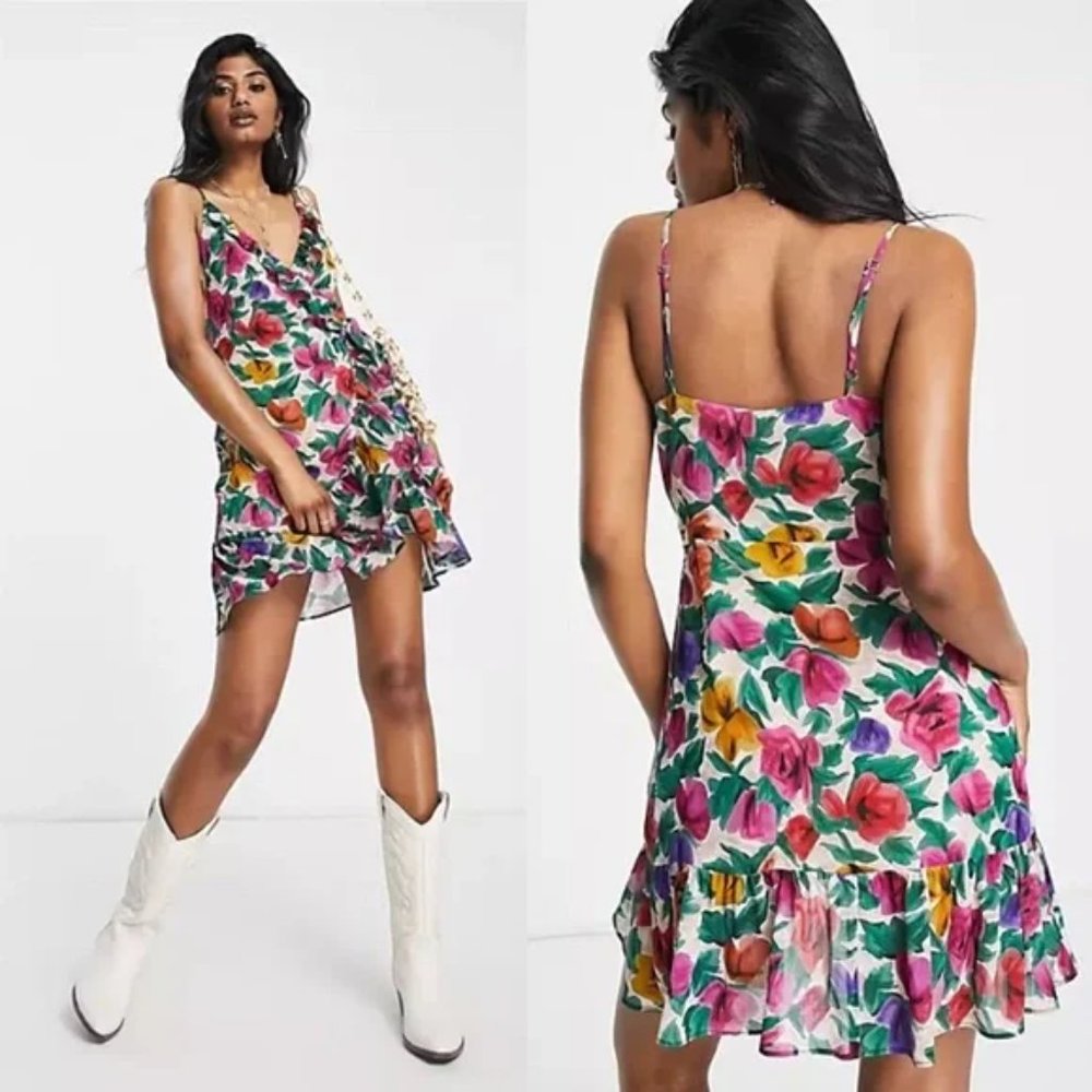 Topshop Floral Ruffle Wrap Mini Slip Dress